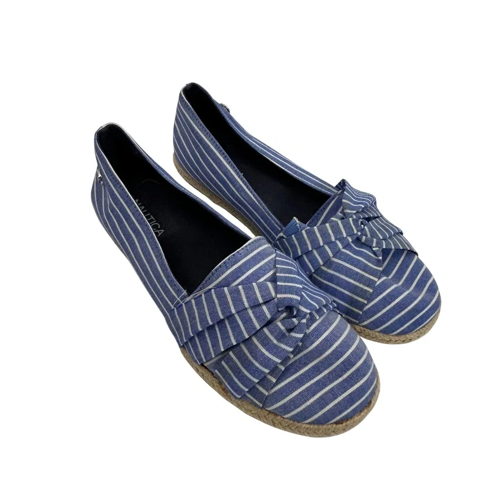 Nautica Idelle Blue White Striped Espadrille Flats‎ Knotted Bow Womens 9.5
